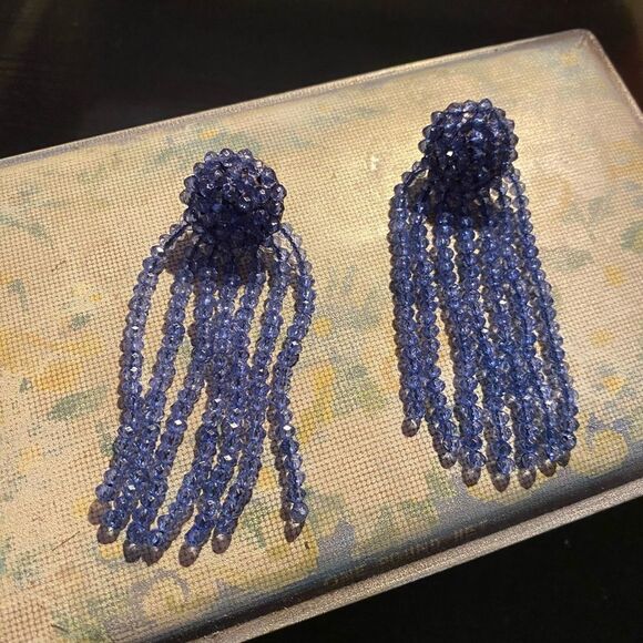Stunning Blue Beaded Dangly Evening Event Earrings - Picture 1 of 4